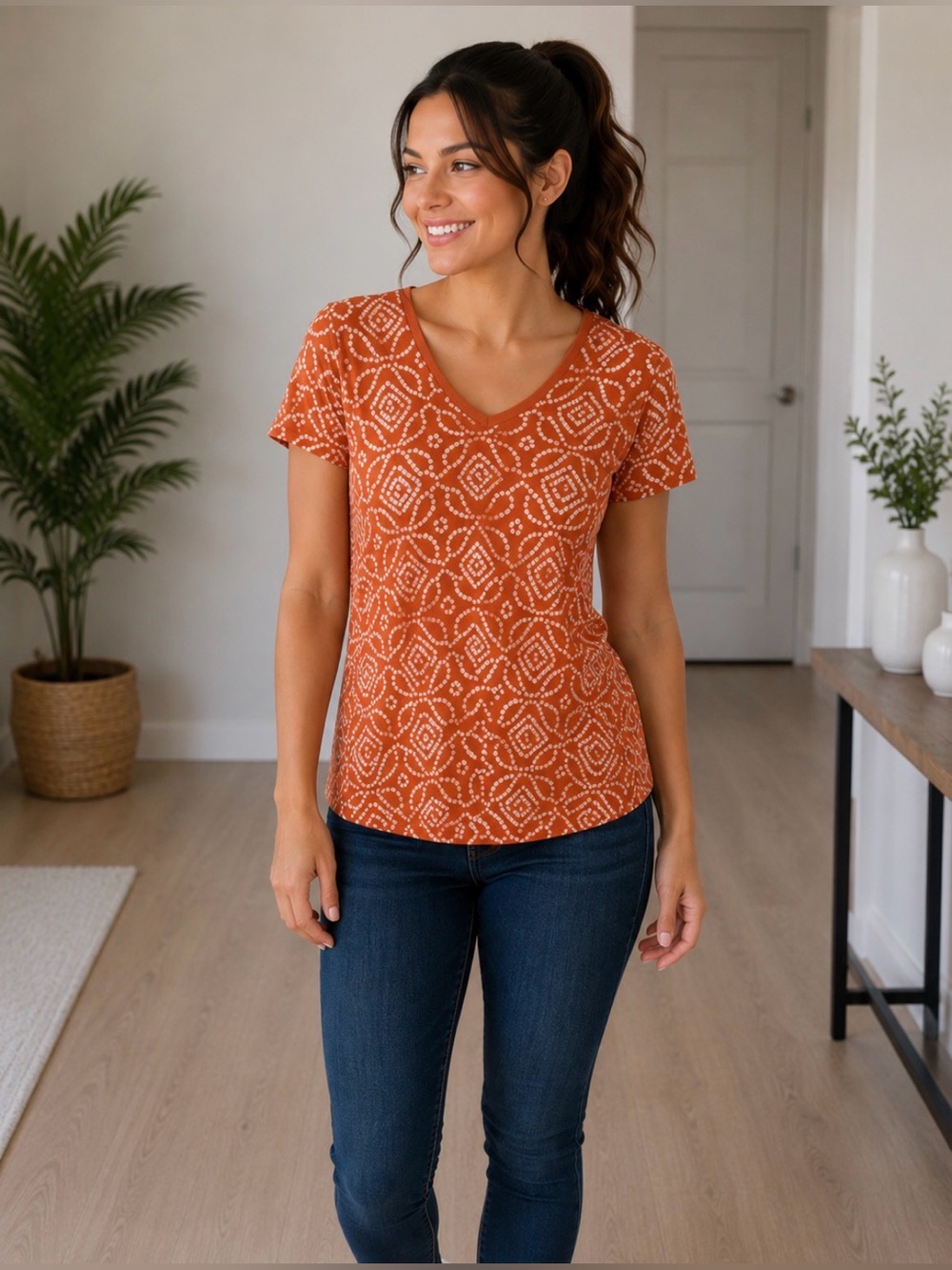 Lands’ End Orange Geometric Print V-Neck Relaxed Fit Medium